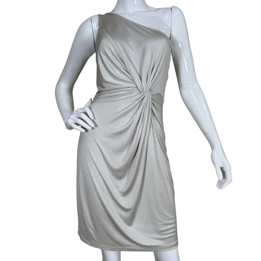 Mannequin wearing a silver one-shoulder dress on a white background