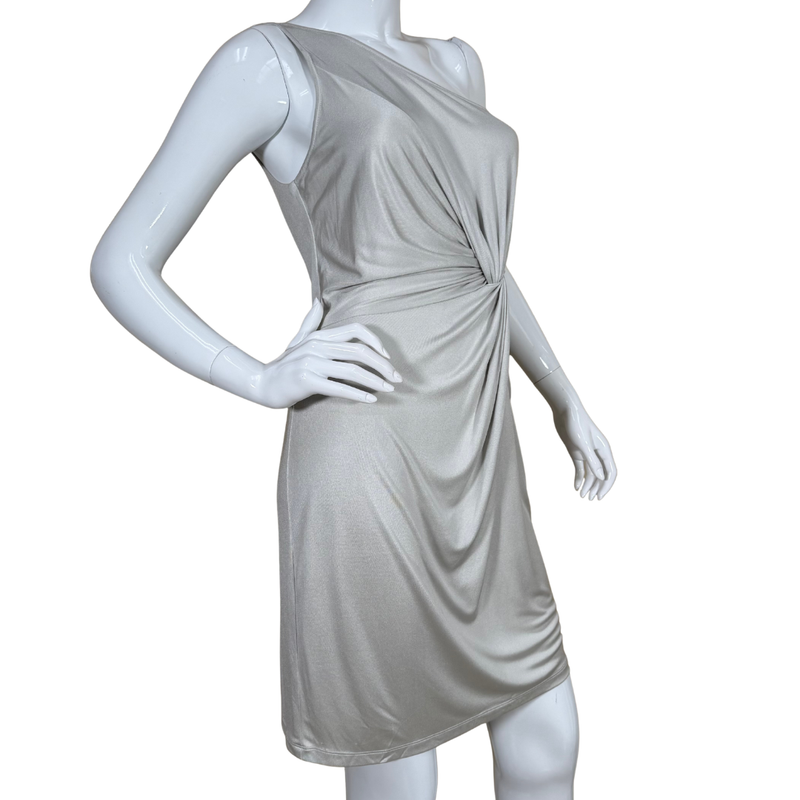 Load image into Gallery viewer, Laila Azhar Silver Silk Dress is a sleek, one-shoulder knee-length style in a smooth, silvery-gray fabric
