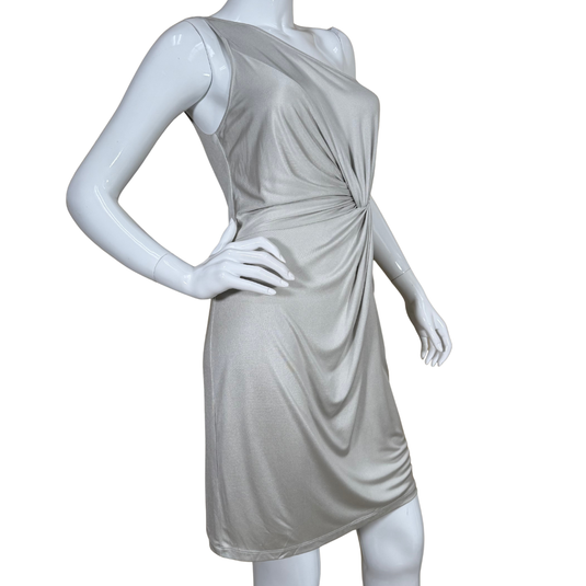 Laila Azhar Silver Silk Dress is a sleek, one-shoulder knee-length style in a smooth, silvery-gray fabric