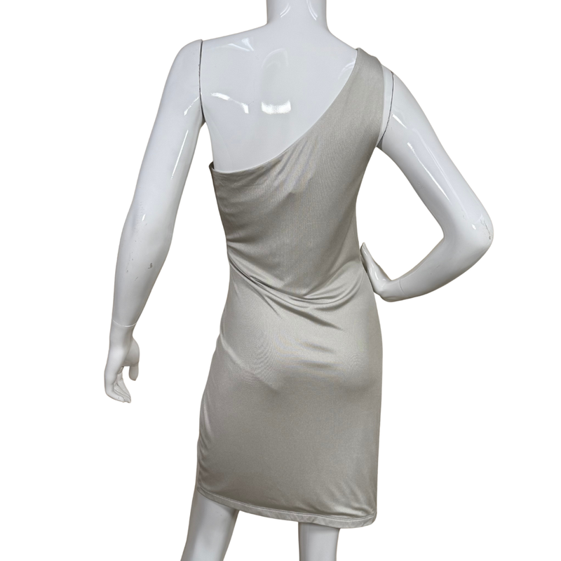 Load image into Gallery viewer, Mannequin wearing a beige one-shoulder dress on a white background
