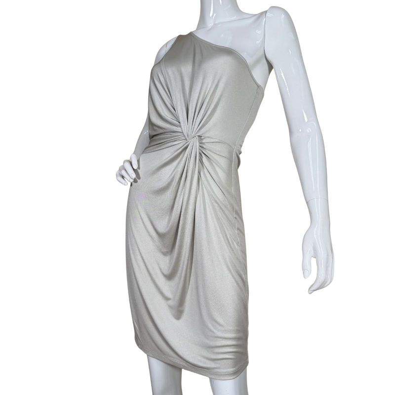Load image into Gallery viewer, Silver one-shoulder dress on a mannequin against a white background
