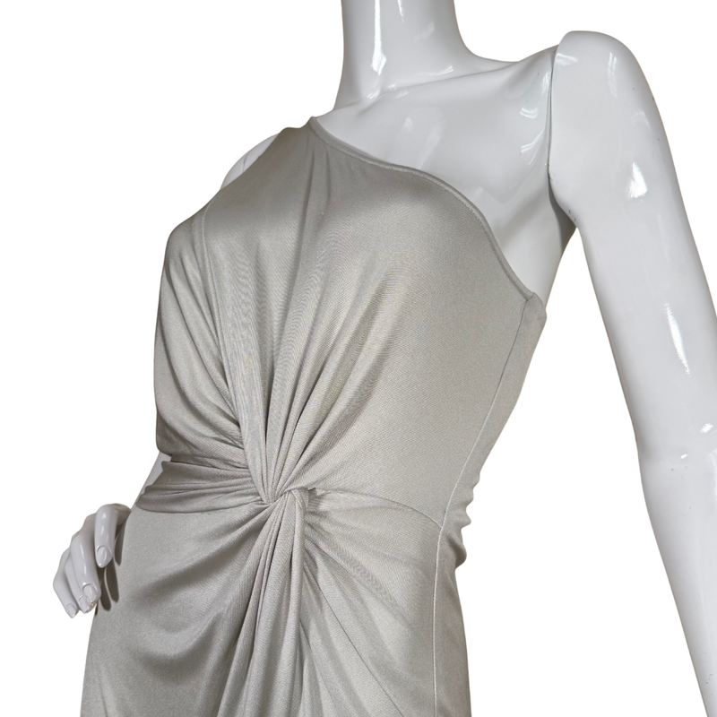 Load image into Gallery viewer, Silver one-shoulder dress on a mannequin against a white background

