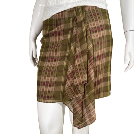 Lauren - Ralph Lauren Olive Plaid Mini Wrap Skirt features an earthy olive green plaid pattern accented with warm tones of red and beige
