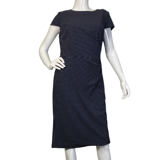 Ralph Lauren Polka Dots Navy Blue Dress is a fitted, knee-length design with short sleeves and a high, rounded neckline - front view