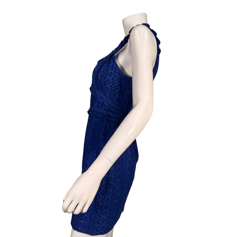 Load image into Gallery viewer, sleeveless pre-loved Lilly Pulitzer Blue Floral Embroidered Lace Dress features a charming eyelet lace overlay that adds texture and femininity
