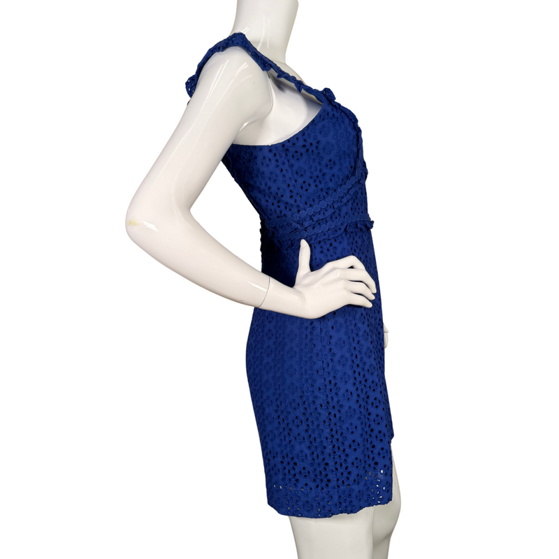 Load image into Gallery viewer, sleeveless pre-loved Lilly Pulitzer Blue Floral Embroidered Lace Dress features a charming eyelet lace overlay that adds texture and femininity
