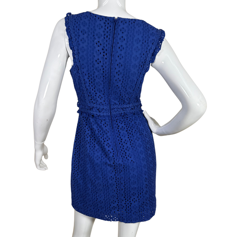 Load image into Gallery viewer, sleeveless pre-loved Lilly Pulitzer Blue Floral Embroidered Lace Dress features a charming eyelet lace overlay that adds texture and femininity
