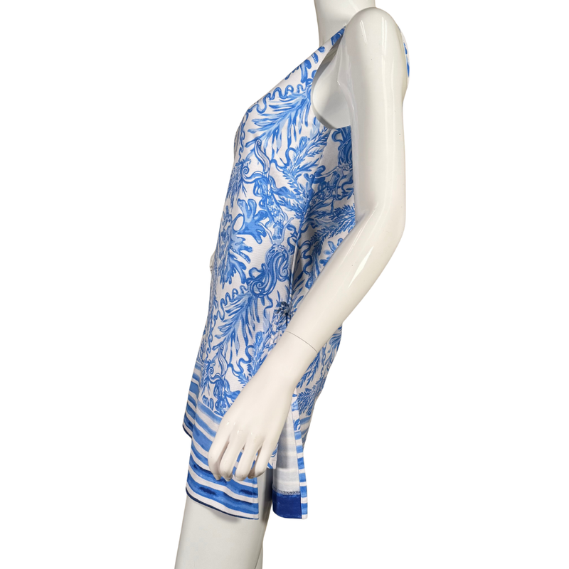 Load image into Gallery viewer, Mannequin wearing a blue and white patterned dress on a white background
