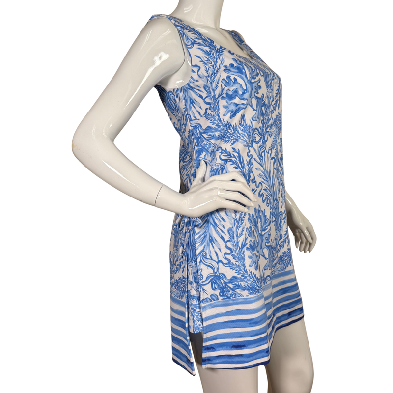 Load image into Gallery viewer, Mannequin wearing a blue and white patterned dress on a white background
