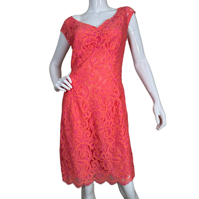 donated Lilly Pulitzer Bright Orange Dress with Orange Lace Overlay with a romantic scalloped neckline and cap sleeves