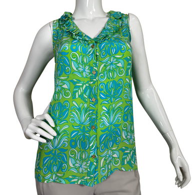 vibrant Lilly Pulitzer Bright Retro Silk Blouse with Ruffle Neckline features a bold green and blue tropical-inspired print, perfect for adding a pop of color to your wardrobe