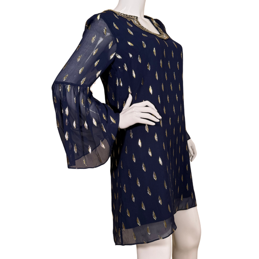 Navy blue dress with gold feather pattern on a mannequin against a white background