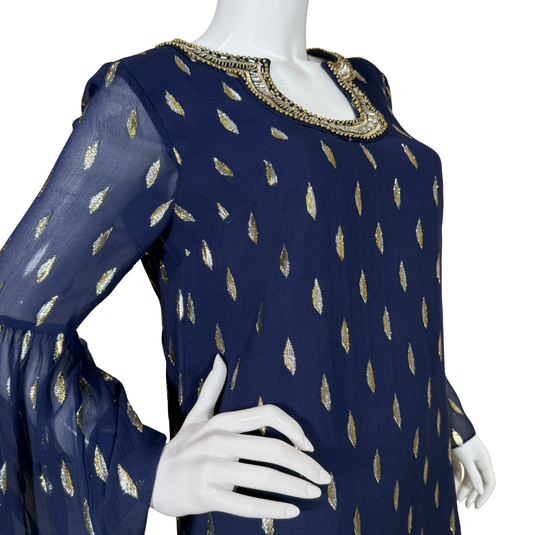 Navy blue dress with gold feather patterns on a mannequin against a white background