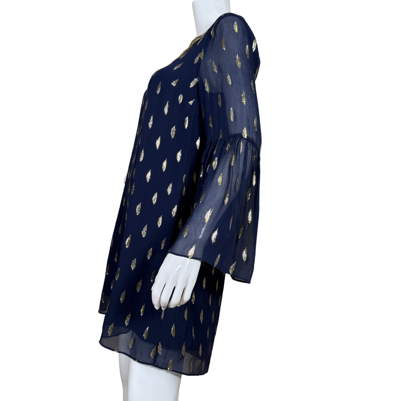Load image into Gallery viewer, Lilly Pultizer Royal Blue Sheer Silk Dress with Golden Accents features a sheer overlay adorned with shimmering gold teardrop motifs that catch the light beautifully
