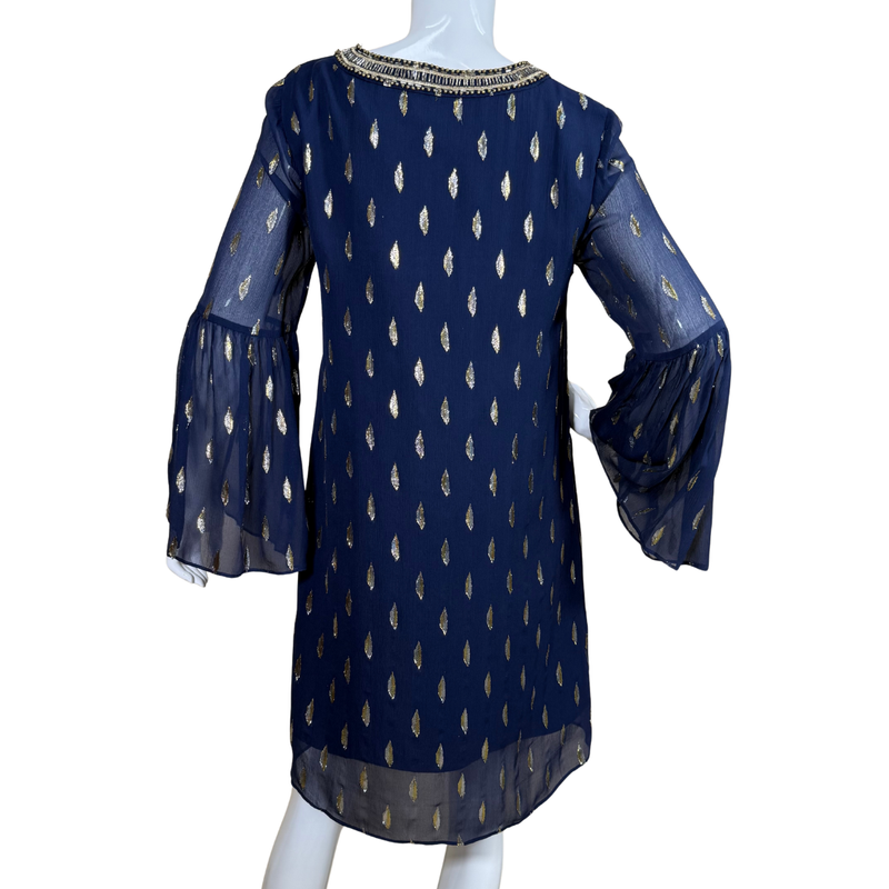 Load image into Gallery viewer, Navy blue dress with gold patterns on a white background
