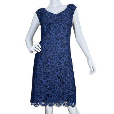 elegant Lilly Pultizer Royal Blue Lace Dress features a rich navy blue color with an intricate lace overlay that adds texture and sophistication