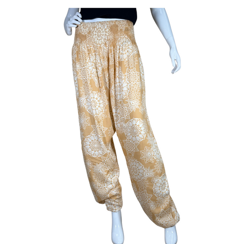 relaxed-fit donated Lotus And Luna Beige Boho Pants feature a warm mustard yellow base adorned with an intricate white mandala floral print