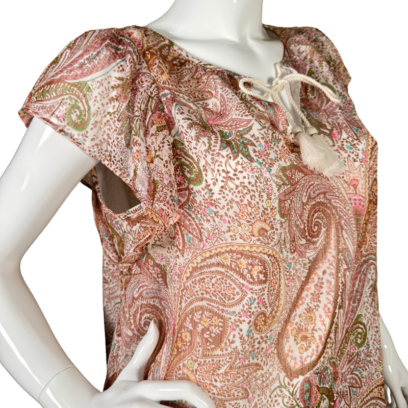 Load image into Gallery viewer, pre-loved Lucky Brand Pastel Colors Ornamental Sheer Blouse features a bohemian-inspired paisley print in earthy tones, creating a vibrant yet elegant look
