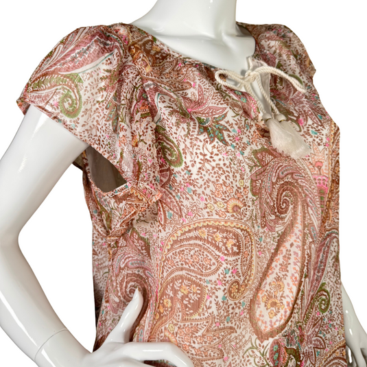 pre-loved Lucky Brand Pastel Colors Ornamental Sheer Blouse features a bohemian-inspired paisley print in earthy tones, creating a vibrant yet elegant look