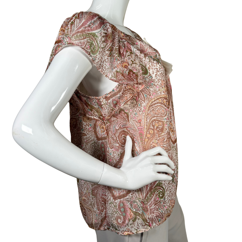 Load image into Gallery viewer, pre-loved Lucky Brand Pastel Colors Ornamental Sheer Blouse features a bohemian-inspired paisley print in earthy tones, creating a vibrant yet elegant look
