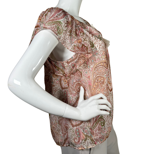 pre-loved Lucky Brand Pastel Colors Ornamental Sheer Blouse features a bohemian-inspired paisley print in earthy tones, creating a vibrant yet elegant look