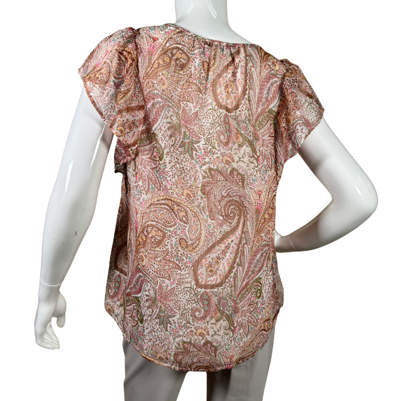 Load image into Gallery viewer, pre-loved Lucky Brand Pastel Colors Ornamental Sheer Blouse features a bohemian-inspired paisley print in earthy tones, creating a vibrant yet elegant look
