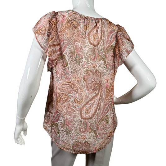 pre-loved Lucky Brand Pastel Colors Ornamental Sheer Blouse features a bohemian-inspired paisley print in earthy tones, creating a vibrant yet elegant look