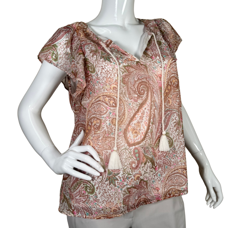 Load image into Gallery viewer, pre-loved Lucky Brand Pastel Colors Ornamental Sheer Blouse features a bohemian-inspired paisley print in earthy tones, creating a vibrant yet elegant look
