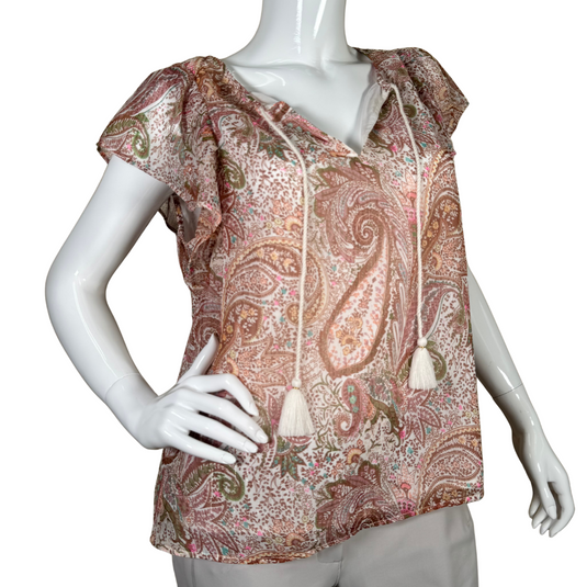 pre-loved Lucky Brand Pastel Colors Ornamental Sheer Blouse features a bohemian-inspired paisley print in earthy tones, creating a vibrant yet elegant look