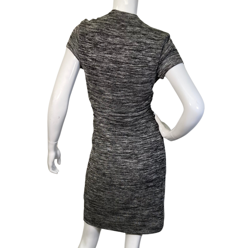 Load image into Gallery viewer, A sleek and stylish Maeve Knitted Dress with V-Neck and Cinched Waist in a textured gray fabric - backside view
