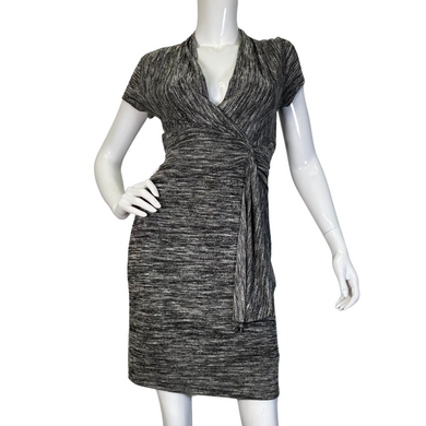 A sleek and stylish Maeve Knitted Dress with V-Neck and Cinched Waist in a textured gray fabric - front view