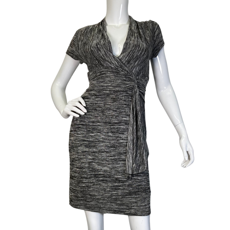 Load image into Gallery viewer, A sleek and stylish Maeve Knitted Dress with V-Neck and Cinched Waist in a textured gray fabric - front view
