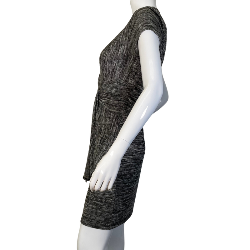 Load image into Gallery viewer, A sleek and stylish Maeve Knitted Dress with V-Neck and Cinched Waist in a textured gray fabric - side view
