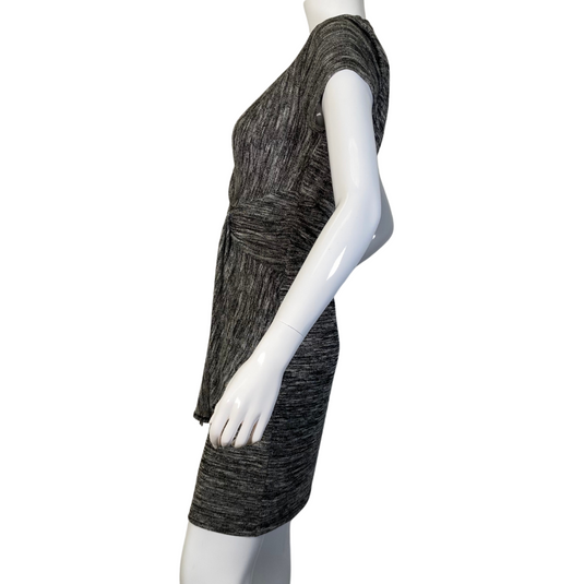 A sleek and stylish Maeve Knitted Dress with V-Neck and Cinched Waist in a textured gray fabric - side view