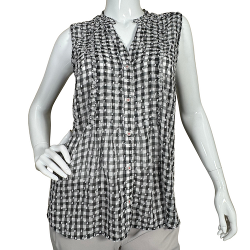 Maeve by Anthropologie Sheer Checkered Black and White Blouse features a black-and-white checkered pattern