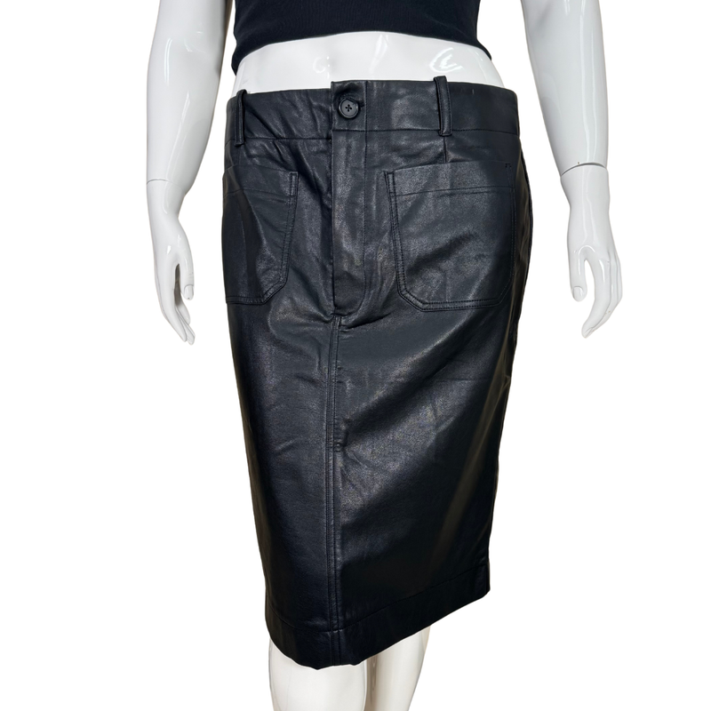 Load image into Gallery viewer, Maeve by Anthropologie Black Faux Leather Pencil Skirt. Featuring front patch pockets and a button-zip closure at the waist
