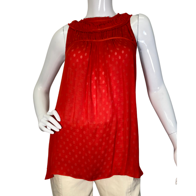 Load image into Gallery viewer, This pre-loved Maeve by Anthropologie&nbsp;Burnt Orange Blouse with Decorative Neckline is a vibrant red sleeveless blouse featuring a delicate, sheer fabric with subtle polka dot details. 
