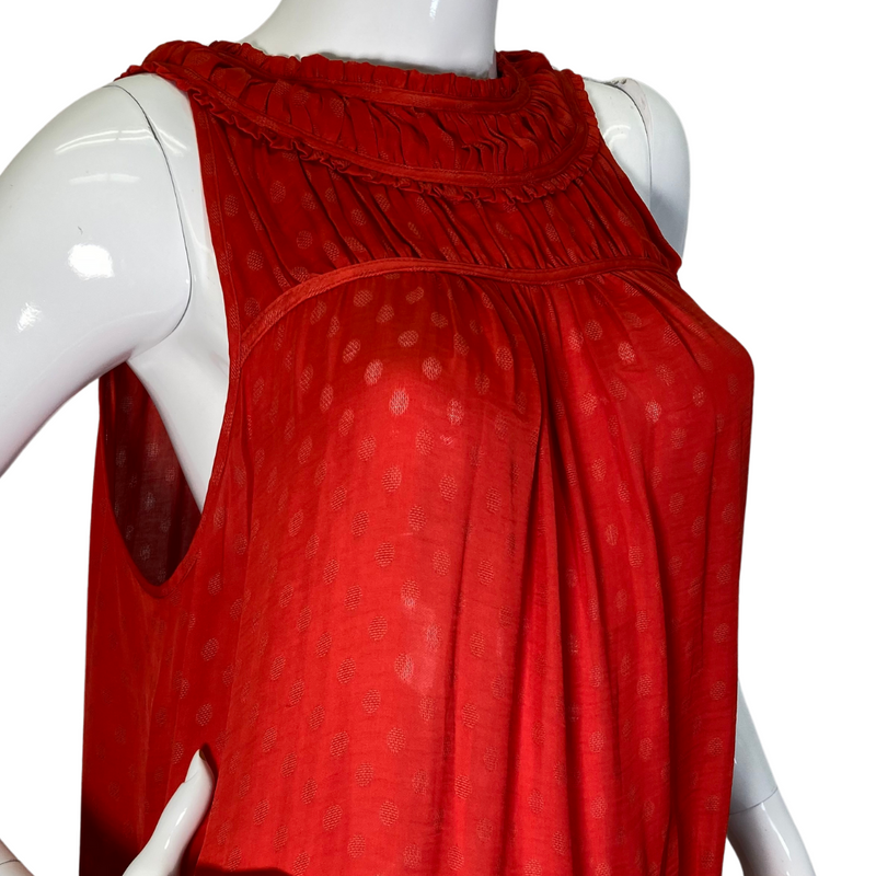 Load image into Gallery viewer, This pre-loved Maeve by Anthropologie&nbsp;Burnt Orange Blouse with Decorative Neckline is a vibrant red sleeveless blouse featuring a delicate, sheer fabric with subtle polka dot details. 
