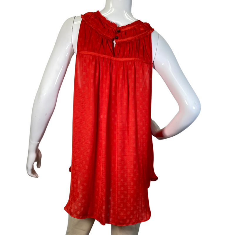 Load image into Gallery viewer, This pre-loved Maeve by Anthropologie&nbsp;Burnt Orange Blouse with Decorative Neckline is a vibrant red sleeveless blouse featuring a delicate, sheer fabric with subtle polka dot details. 
