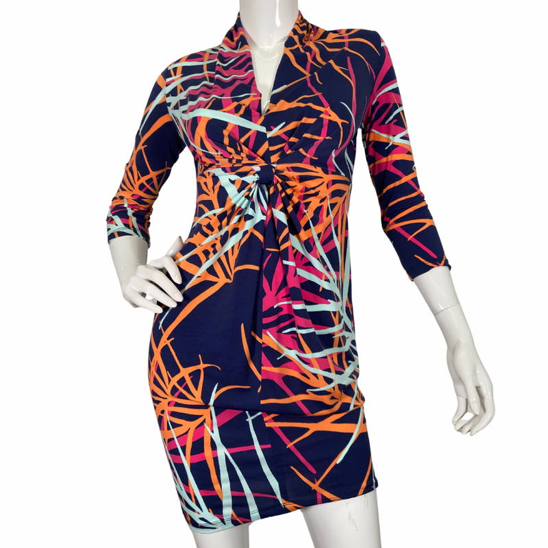 Load image into Gallery viewer,  Tori Richard Vivid Colorful Dress is a stunning statement piece featuring a bold, multicolored abstract print with shades of orange, pink, and light blue on a rich navy background - front view
