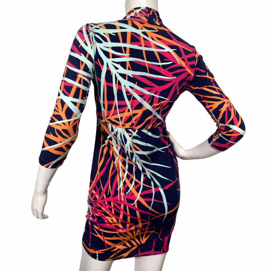  Tori Richard Vivid Colorful Dress is a stunning statement piece featuring a bold, multicolored abstract print with shades of orange, pink, and light blue on a rich navy background - backside view