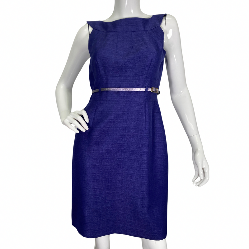 Load image into Gallery viewer, Tahari Elegant Royal Blue Dress is a chic and sophisticated sleeveless sheath dress. It features a structured bateau neckline that adds a touch of elegance, complemented by subtle pleating on the bodice for a tailored fit - front view
