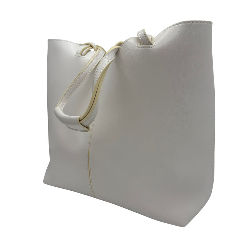 Load image into Gallery viewer, White tote bag with yellow stitching on a white background
