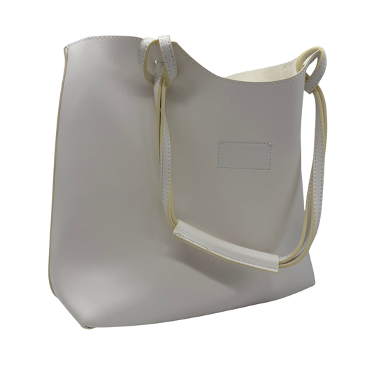 Beige shoulder bag with a small pocket on a white background