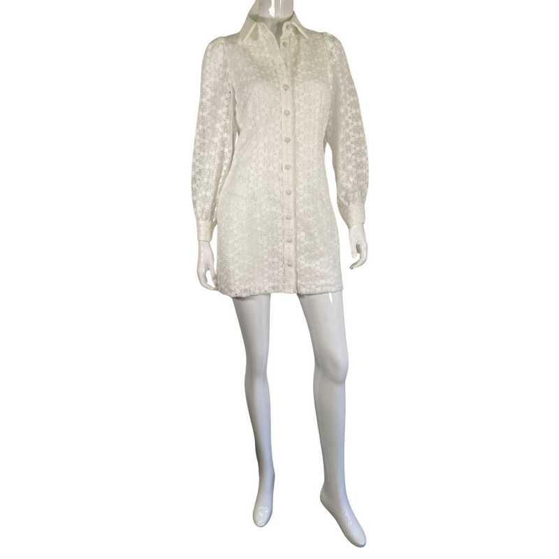 Load image into Gallery viewer, Mare Mare Long-sleeved White Mini Laced Dress by Anthropologie front view full lenth 
