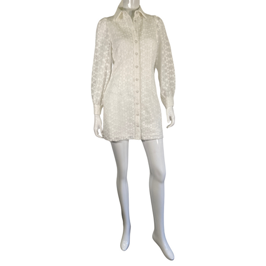 Mare Mare Long-sleeved White Mini Laced Dress by Anthropologie front view full lenth 