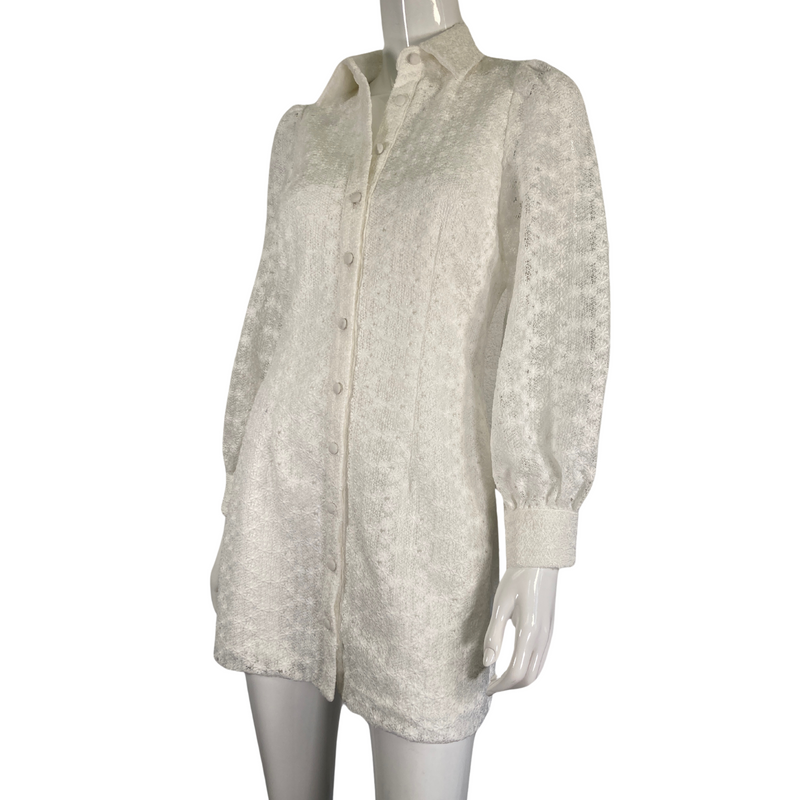 Load image into Gallery viewer, Mare Mare Long-sleeved White Mini Laced Dress by Anthropologie front view close up
