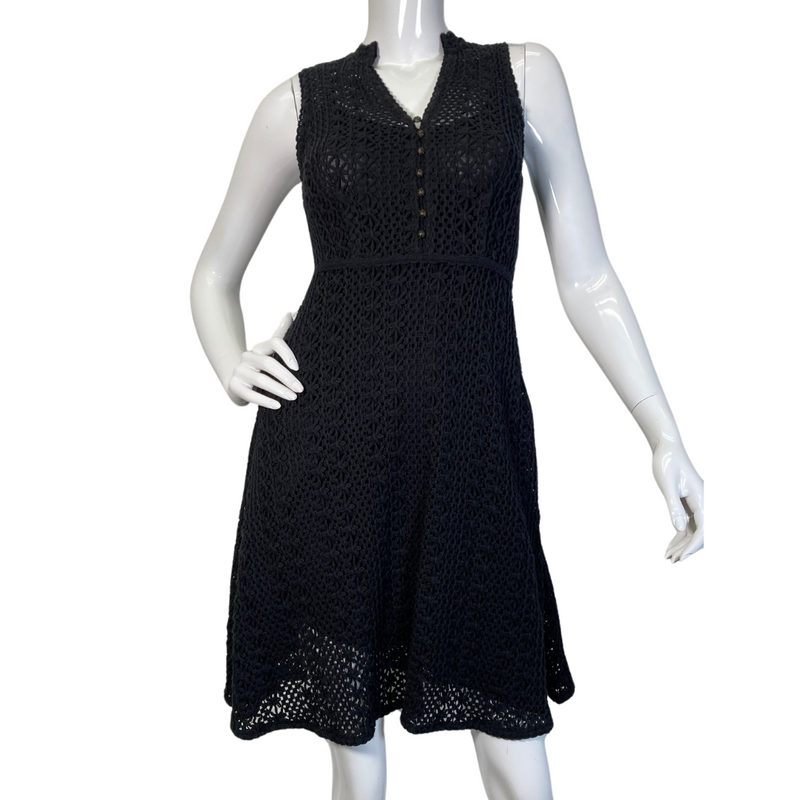 Load image into Gallery viewer, This Meadow Rue by Anthropologie Black Lace Knit Dress is a sleeveless, knee-length piece with a fitted silhouette - front view
