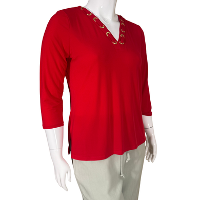 Michael Kors Red Blouse with Decorative Neckline combines simplicity with standout detail, featuring a flattering V-neckline embellished with gold-tone ring accents for a touch of glam