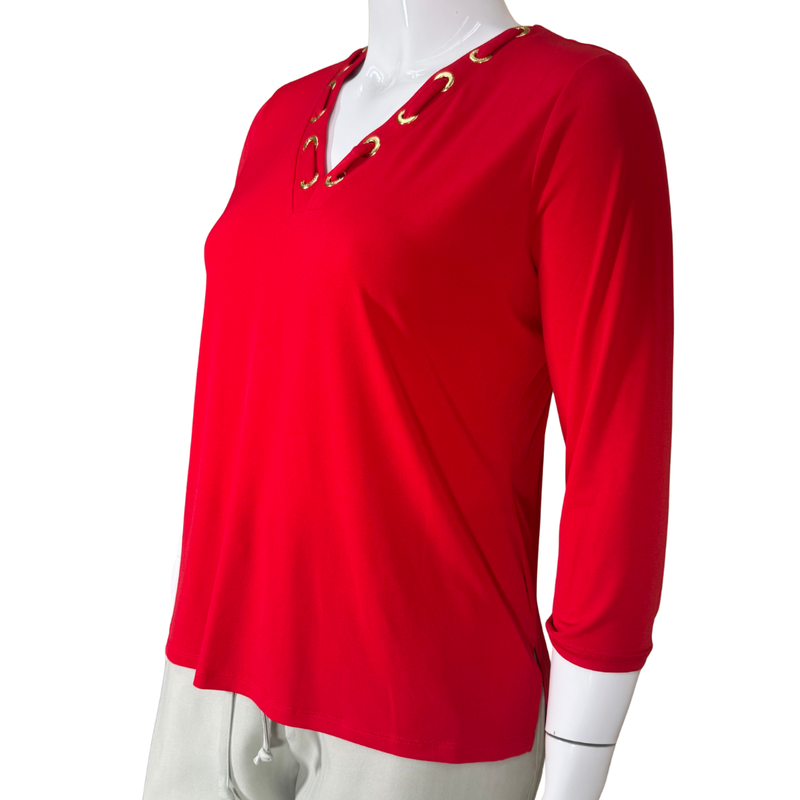 Load image into Gallery viewer, Red top with gold accents on a mannequin against a white background
